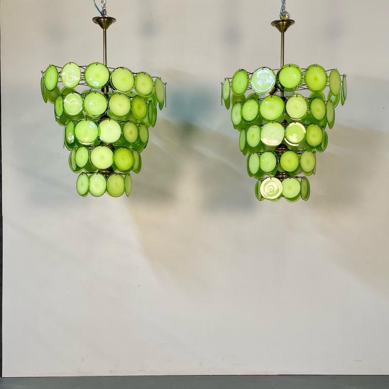 Pair of Murano Disc Mid-Century Modern Chandeliers, Antique Brass, New Wired - 3