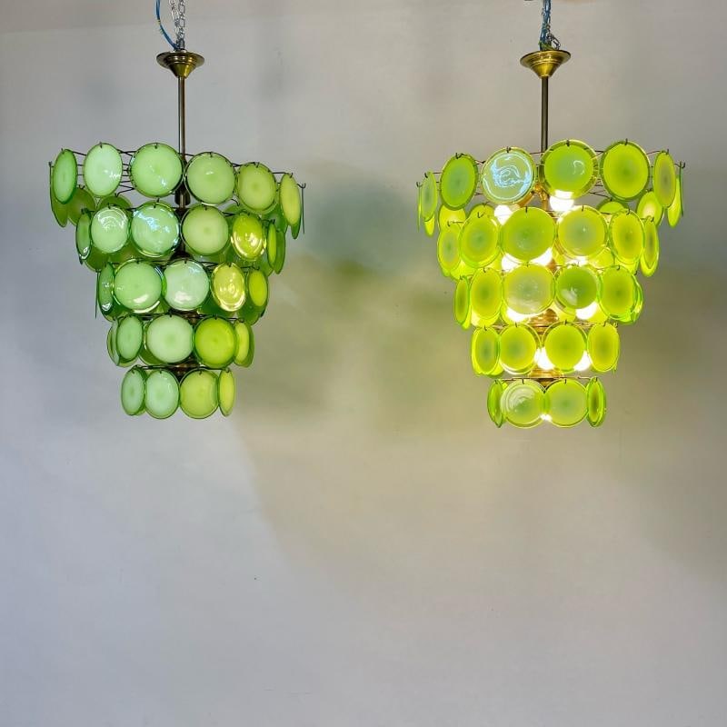 Pair of Murano Disc Mid-Century Modern Chandeliers, Antique Brass, New Wired - 7