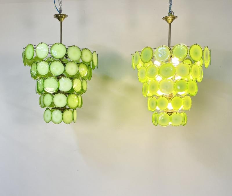 Pair of Murano Disc Mid-Century Modern Chandeliers, Antique Brass, New Wired - 8
