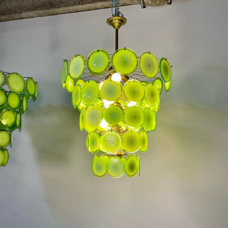 Pair of Murano Disc Mid-Century Modern Chandeliers, Antique Brass, New Wired - 9