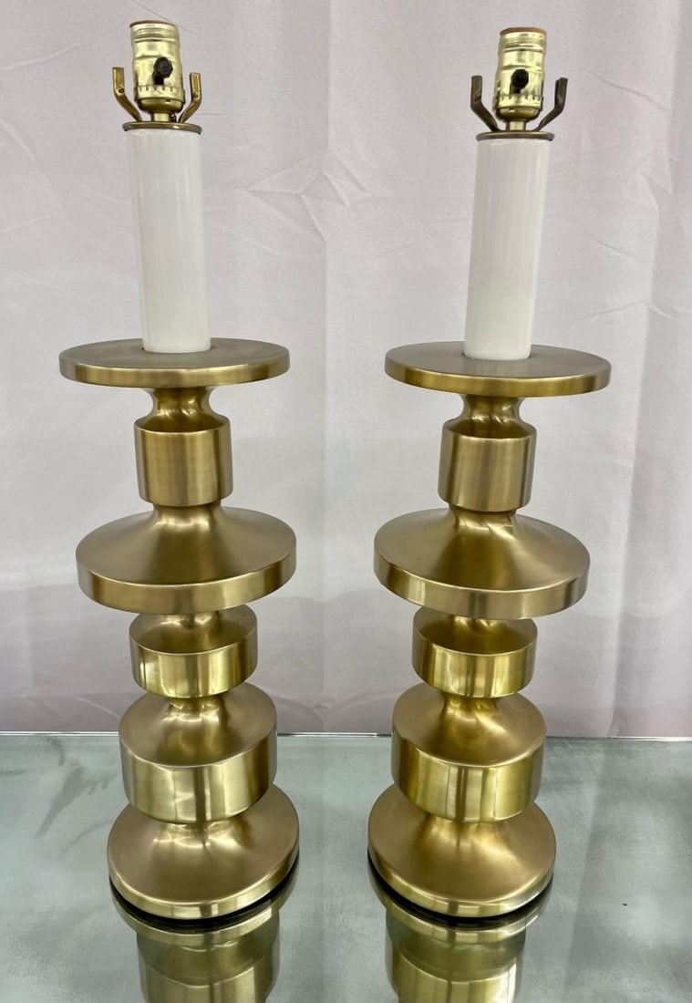 Pair of Hollywood Regency Solid Brass Table / Desk Lamps, Candlestick, Modern - 3