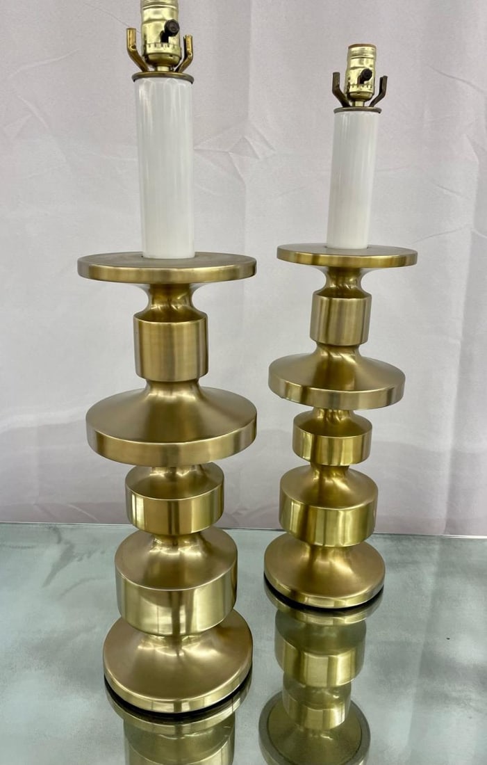 Pair of Hollywood Regency Solid Brass Table / Desk Lamps, Candlestick, Modern - 4