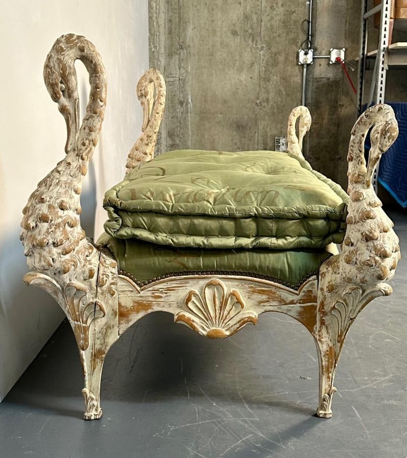 Hollywood Regency Swan Bench / Daybed by Maison Jansen, Hand Carved, Distressed - 10