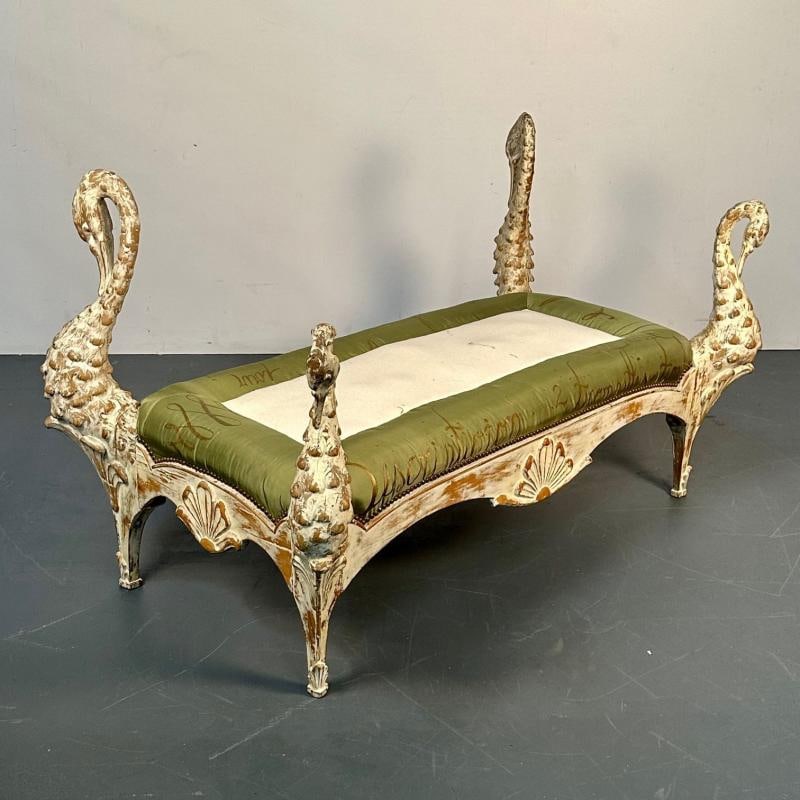 Hollywood Regency Swan Bench / Daybed by Maison Jansen, Hand Carved, Distressed - 9