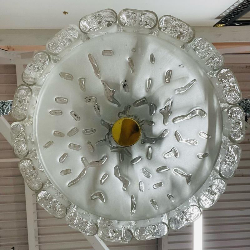 Small Circular German Mid-Century Modern Ice Glass Chandelier / Pendant, 1970s - 7