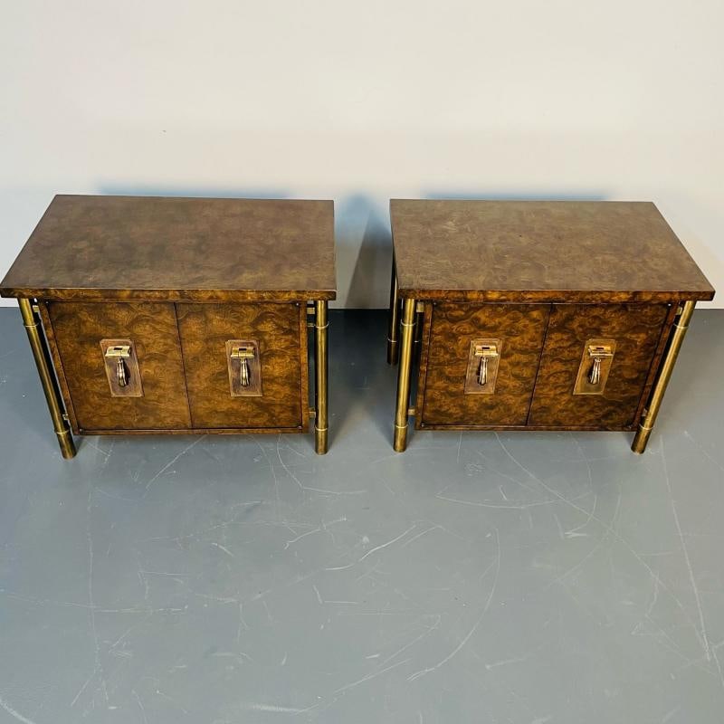 Pair Mid-Century Modern Mastercraft Nightstands, Floating Cabinets in Elm, Brass - 3