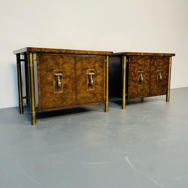 Pair Mid-Century Modern Mastercraft Nightstands, Floating Cabinets in Elm, Brass - 4