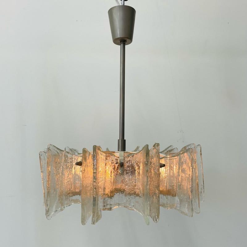 Small Swedish Mid-Century Modern Chandelier / Pendant, Slumped Glass and Brass - 2