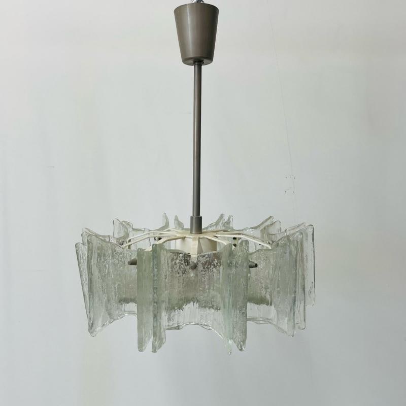 Small Swedish Mid-Century Modern Chandelier / Pendant, Slumped Glass and Brass - 9