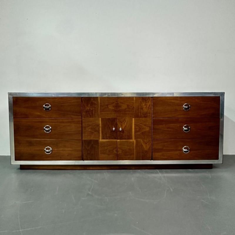 Compatible Pair of Mid-Century Modern Milo Baughman Dressers, Burlwood, Chrome - 2