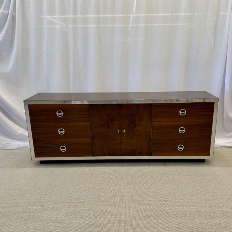 Compatible Pair of Mid-Century Modern Milo Baughman Dressers, Burlwood, Chrome - 4