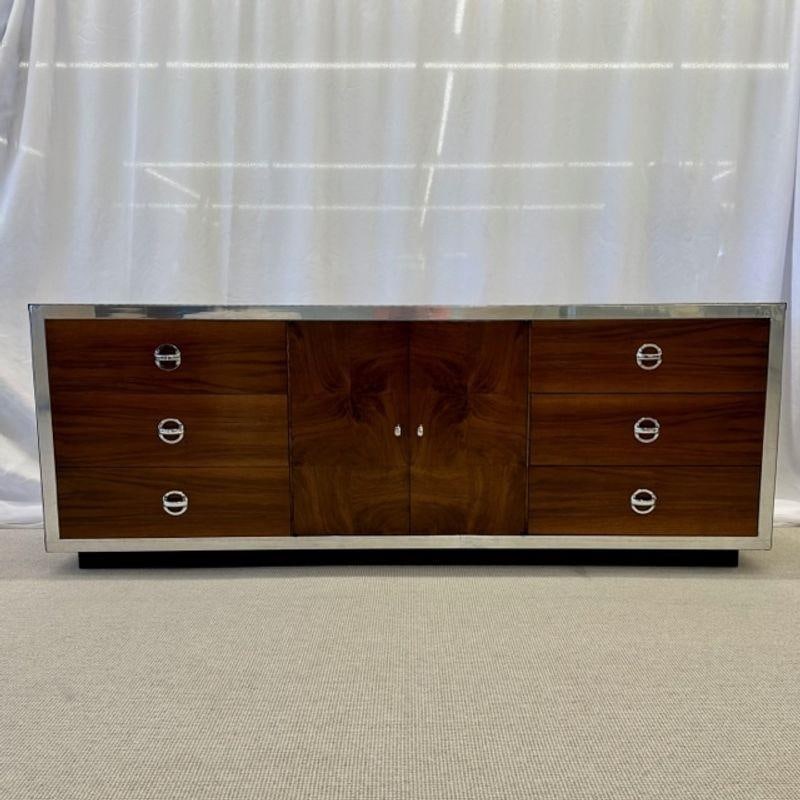 Compatible Pair of Mid-Century Modern Milo Baughman Dressers, Burlwood, Chrome - 5