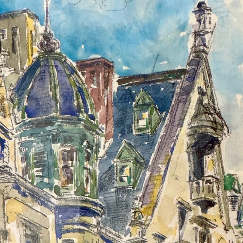 Modernist Watercolor Signed by Adam Van Doren, Architecture, City, Framed - 10