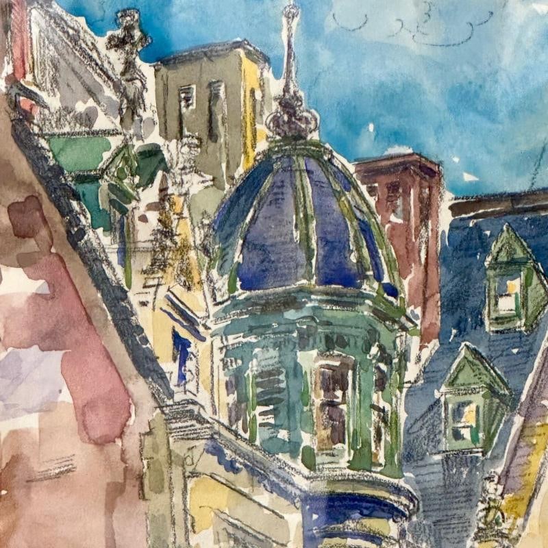 Modernist Watercolor Signed by Adam Van Doren, Architecture, City, Framed - 11