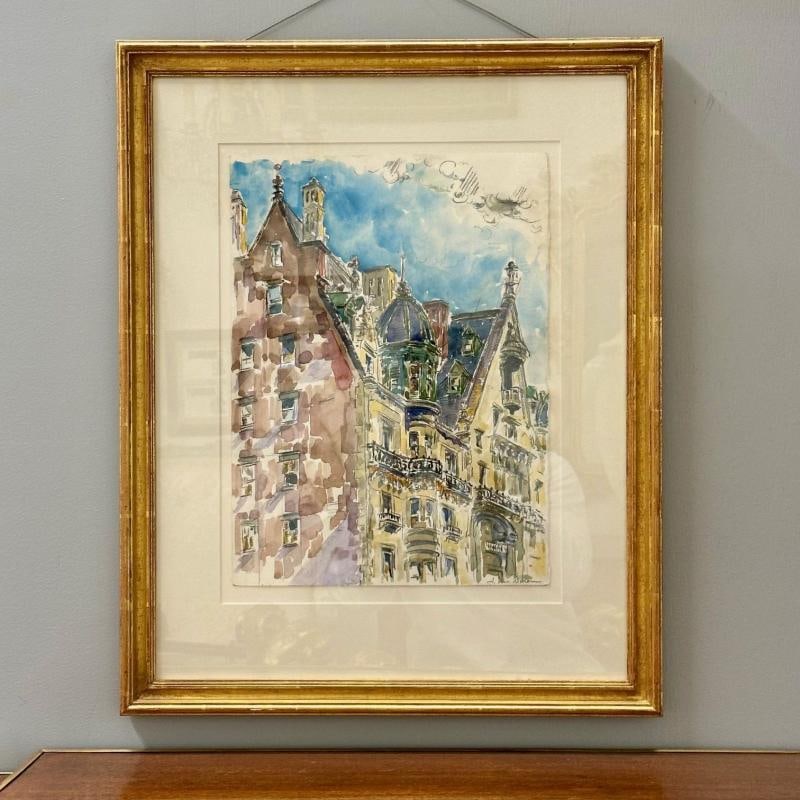 Modernist Watercolor Signed by Adam Van Doren, Architecture, City, Framed - 3