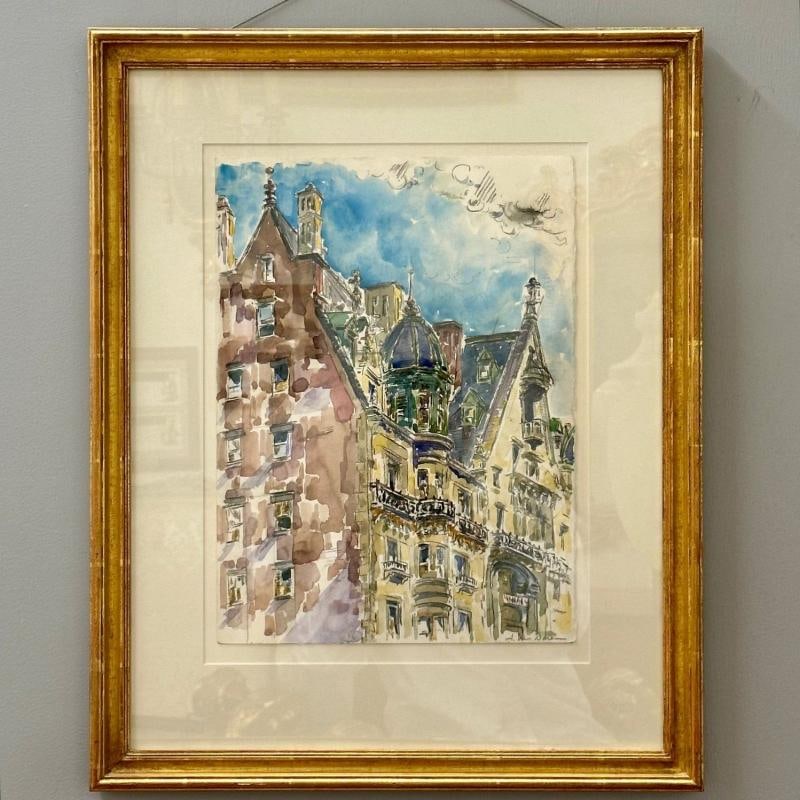 Modernist Watercolor Signed by Adam Van Doren, Architecture, City, Framed - 4
