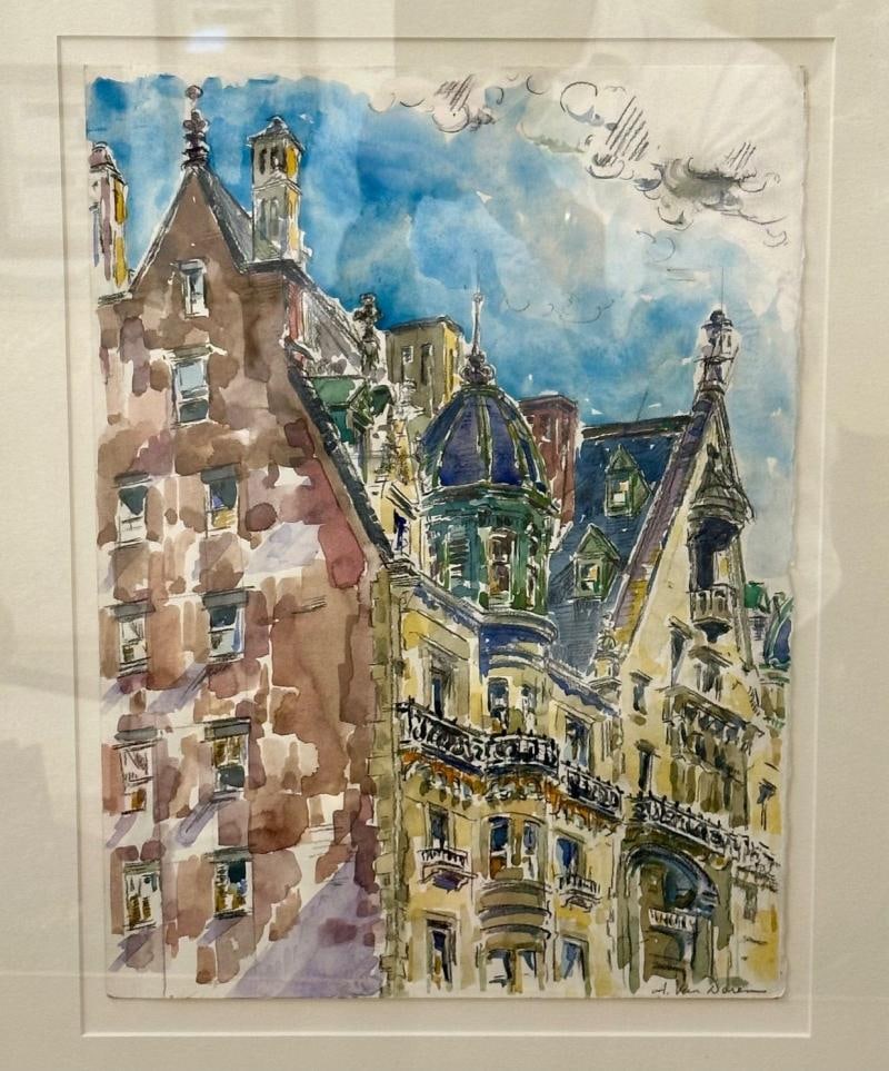 Modernist Watercolor Signed by Adam Van Doren, Architecture, City, Framed - 5