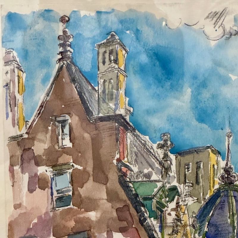 Modernist Watercolor Signed by Adam Van Doren, Architecture, City, Framed - 8