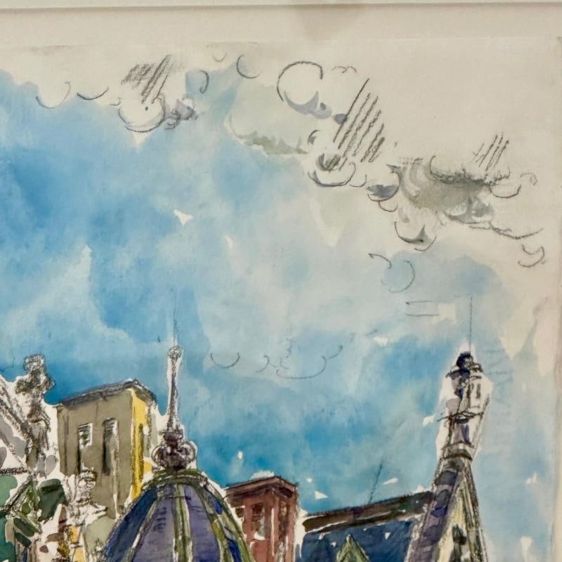 Modernist Watercolor Signed by Adam Van Doren, Architecture, City, Framed - 9