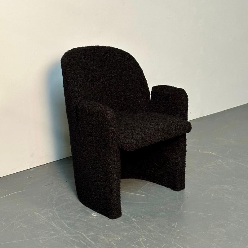 Single Mid-Century Modern Style Arm / Lounge Chair, Black Boucle, Organic Form - 2