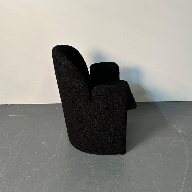 Single Mid-Century Modern Style Arm / Lounge Chair, Black Boucle, Organic Form - 7