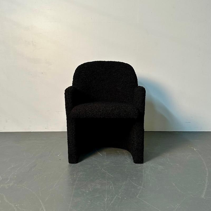 Single Mid-Century Modern Style Arm / Lounge Chair, Black Boucle, Organic Form - 8