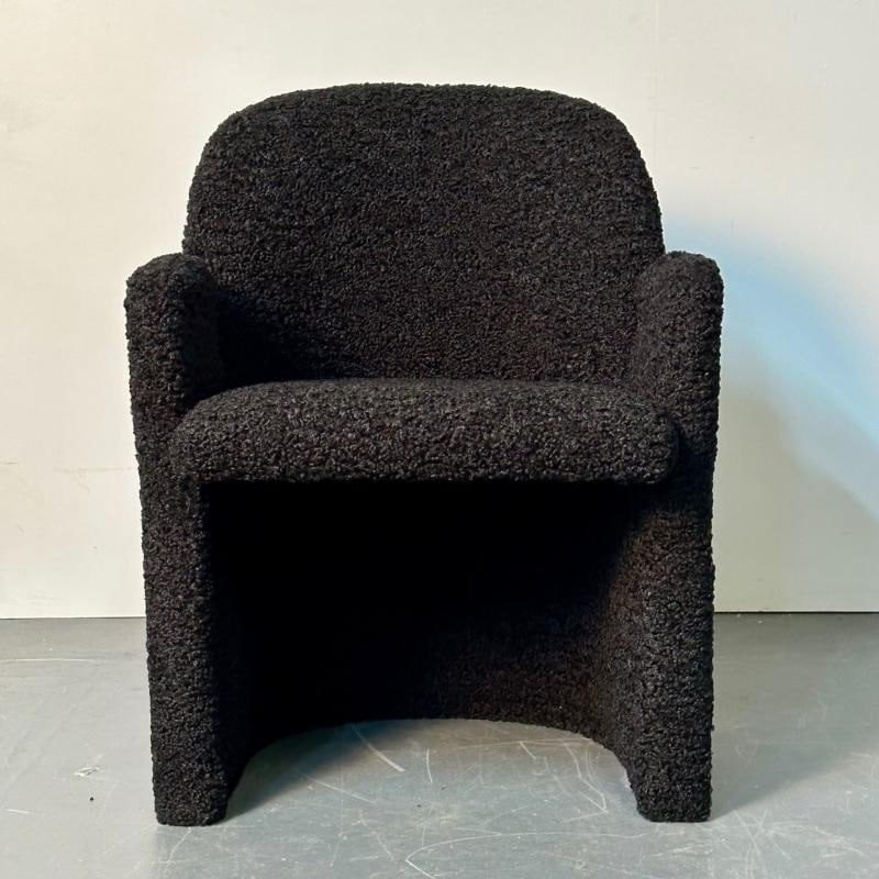 Single Mid-Century Modern Style Arm / Lounge Chair, Black Boucle, Organic Form - 9