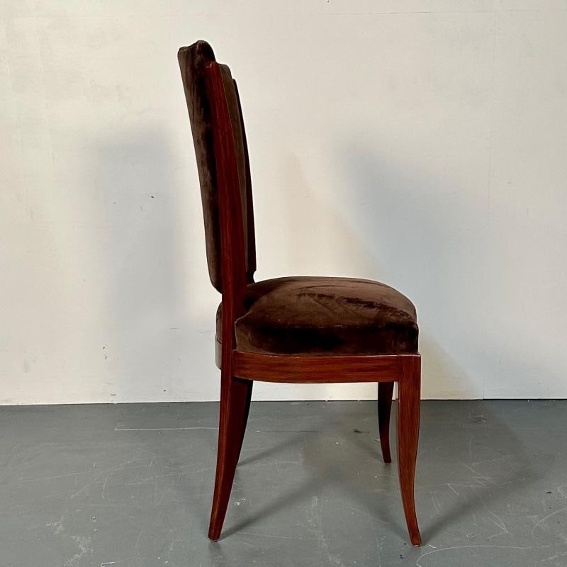 Six French Art Deco Walnut Dining / Side Chairs, Brown Velvet, Ruhlman Style - 10