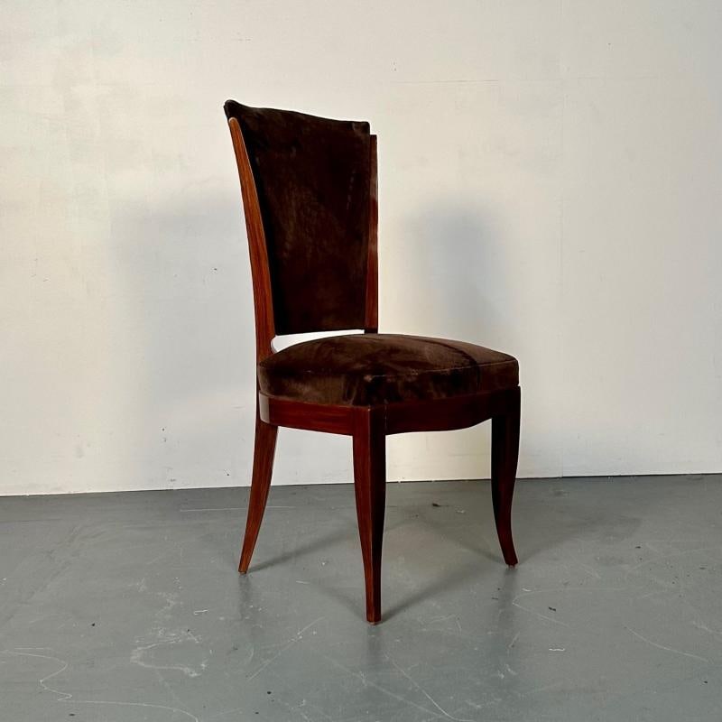 Six French Art Deco Walnut Dining / Side Chairs, Brown Velvet, Ruhlman Style - 11