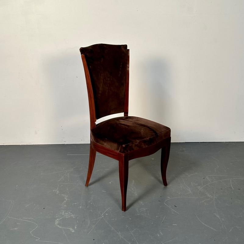 Six French Art Deco Walnut Dining / Side Chairs, Brown Velvet, Ruhlman Style - 12