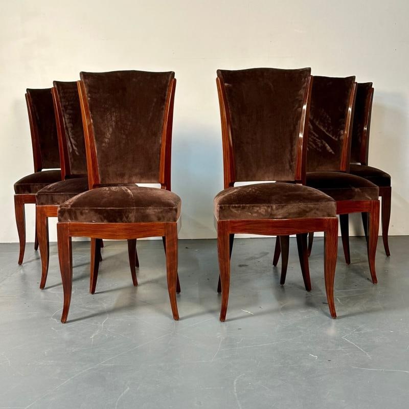 Six French Art Deco Walnut Dining / Side Chairs, Brown Velvet, Ruhlman Style - 2