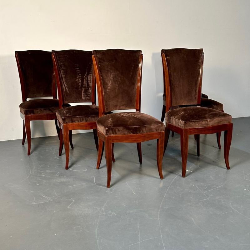 Six French Art Deco Walnut Dining / Side Chairs, Brown Velvet, Ruhlman Style - 3