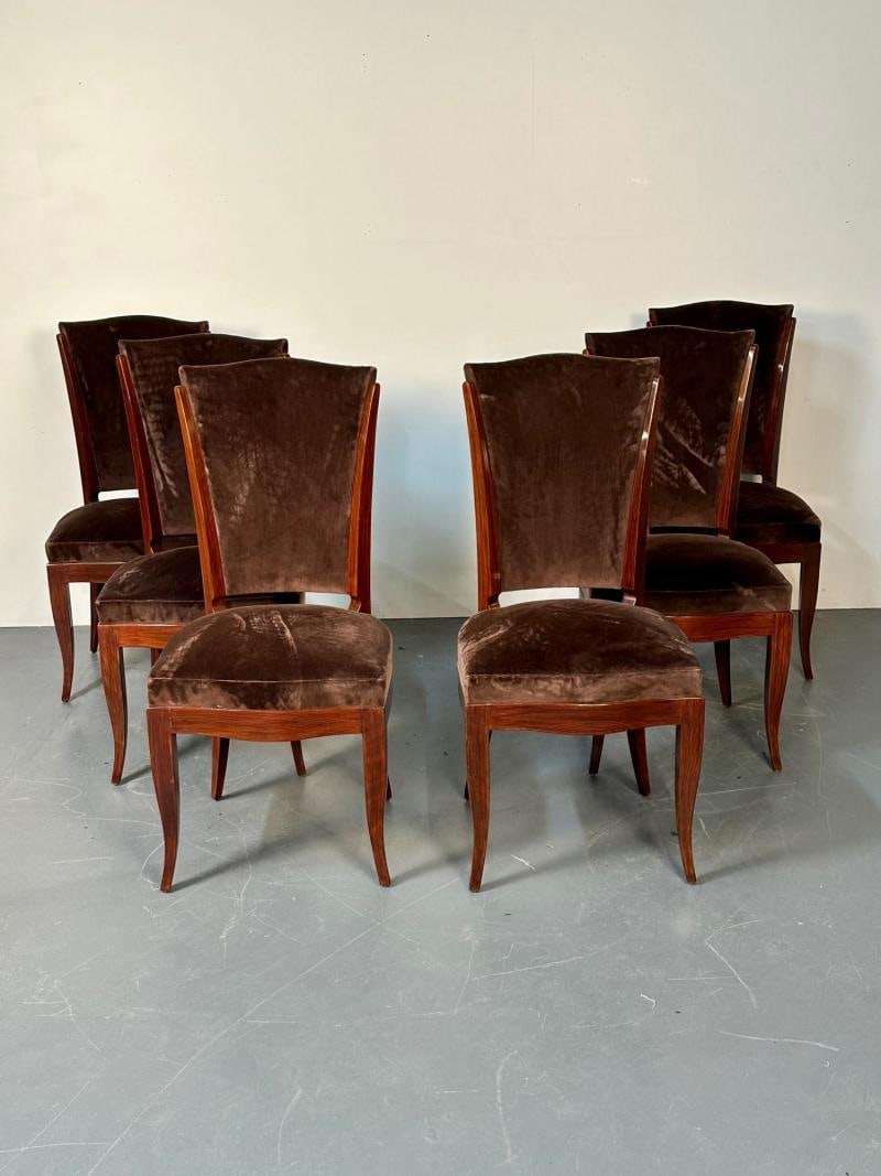 Six French Art Deco Walnut Dining / Side Chairs, Brown Velvet, Ruhlman Style - 4