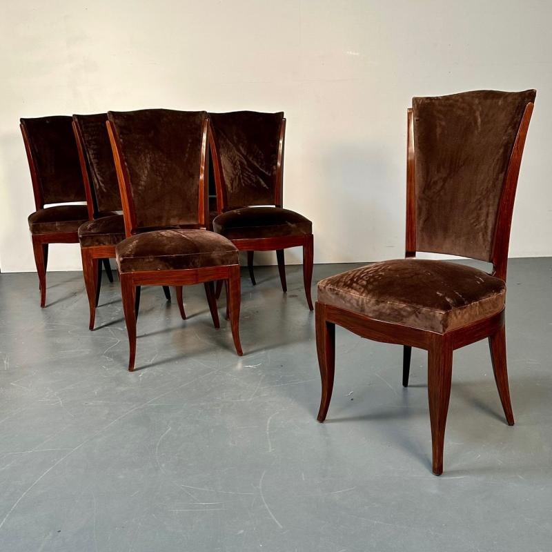Six French Art Deco Walnut Dining / Side Chairs, Brown Velvet, Ruhlman Style - 5