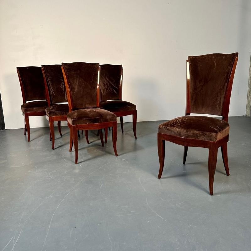 Six French Art Deco Walnut Dining / Side Chairs, Brown Velvet, Ruhlman Style - 6