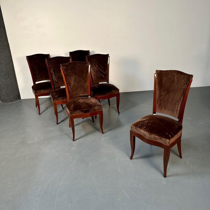 Six French Art Deco Walnut Dining / Side Chairs, Brown Velvet, Ruhlman Style - 7