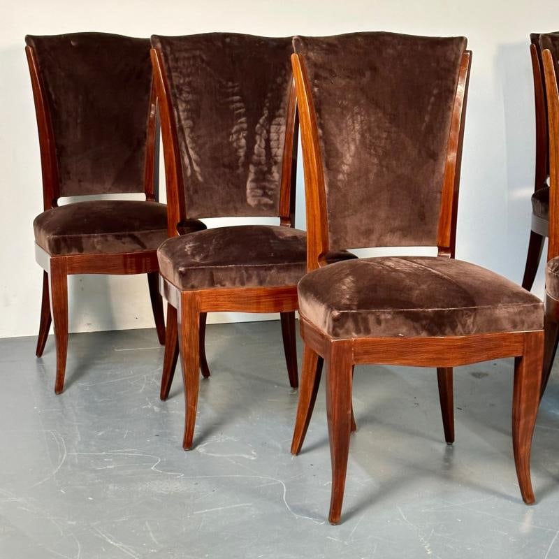 Six French Art Deco Walnut Dining / Side Chairs, Brown Velvet, Ruhlman Style - 8