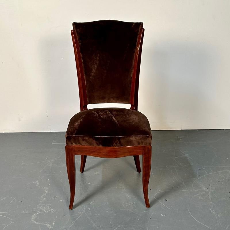 Six French Art Deco Walnut Dining / Side Chairs, Brown Velvet, Ruhlman Style - 9