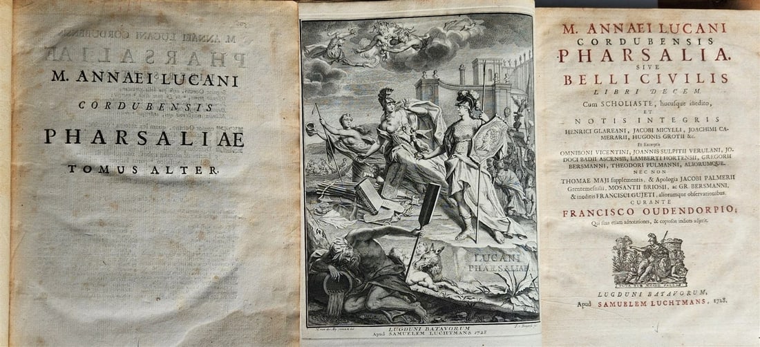 1728 PHARSALIA by LUCAN antique ANCIENT ROMAN POEM 2 volumes: Title: 1728 PHARSALIA by LUCAN antique ANCIENT ROMAN POEM 2 volumes Description: Lucanus, Marcus Annaeus Pharsalia. Lugduni Batavorum: Luchtmans; 1728 Engraved frontispiece. Folding engraved map. 2 vo