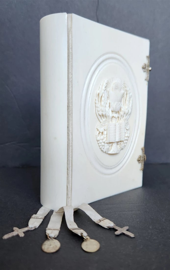 1872 PRAYER BOOK in FRENCH antique CARVED BONE BINDING - PAROISSIEN ROMAIN (1 of 11)