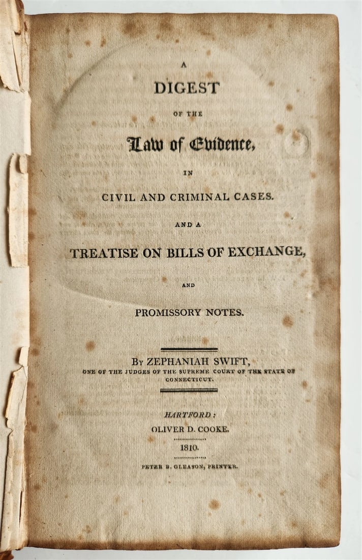 1810 DIGEST OF THE LAW OF EVIDENCE by Zephaniah Swift antique AMERICANA (1 of 6)