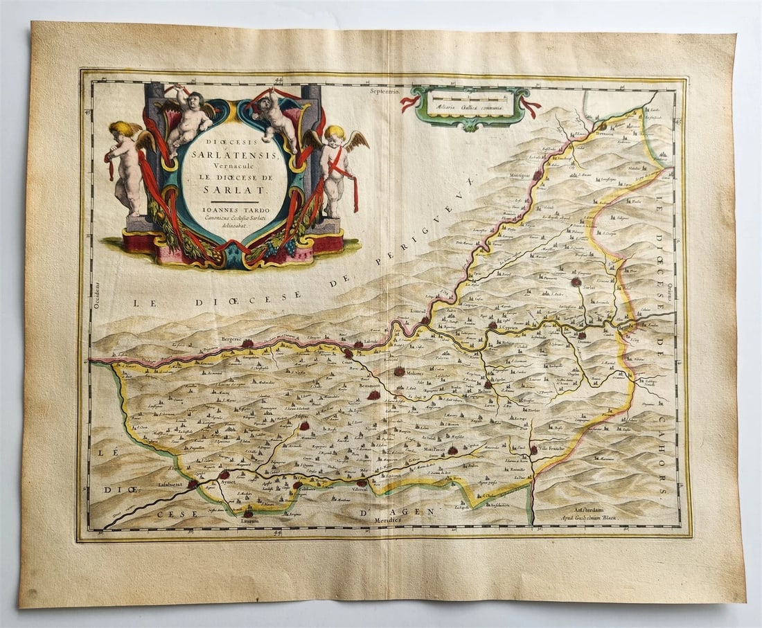 1640 MAP of FRANCE SARLAT by WILLEM BLAEU antique AUTHENTIC hand colored (1 of 3)