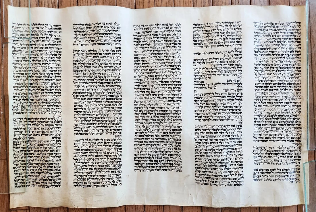TORAH SCROLL FRAGMENT MANUSCRIPT on VELLUM antique BIBLE GENESIS 48:6 Exodus 3:7 (1 of 8)