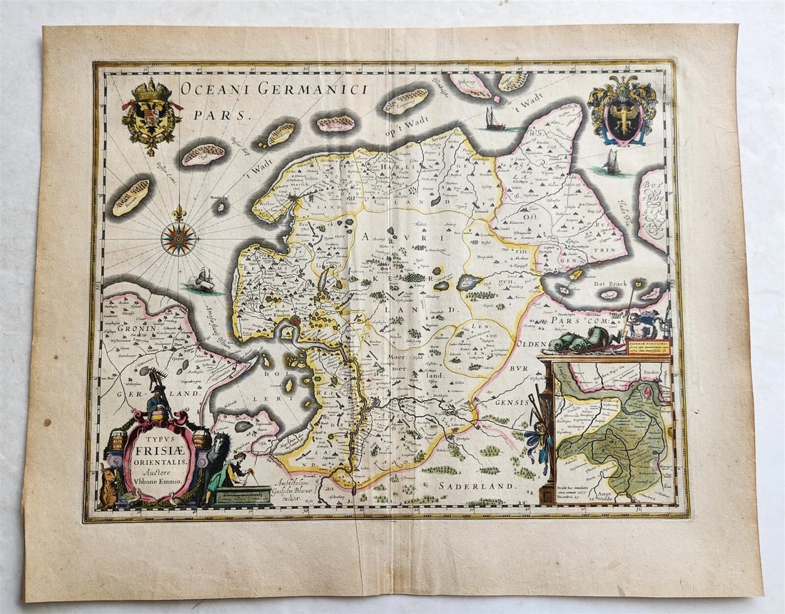 1640 MAP of GERMANY OSTFRIESLAND by WILLEM BLAEU antique AUTHENTIC hand colored (1 of 6)