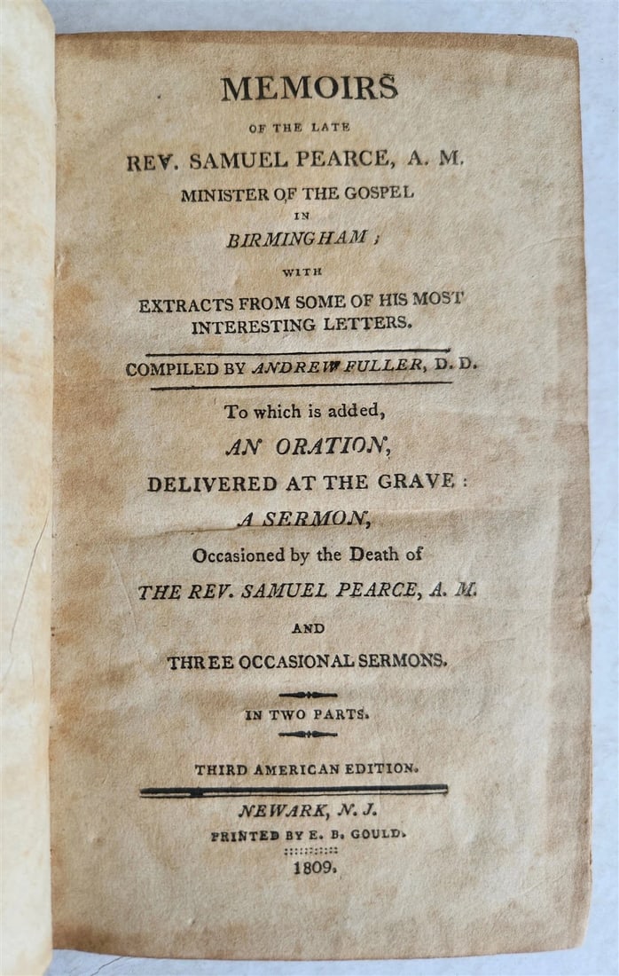 1809 MEMOIRS of the LATE REV. SAMUEL PEARCE antique AMERICANA Newark NJ (1 of 5)