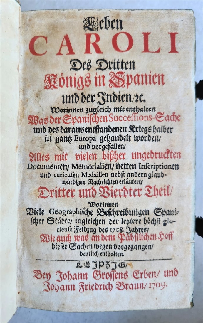 1709 LIFE of CAROLI KING of SPAIN & INDIES antique PIGSKIN BOUND ILLUSTRATED v.3 - 2