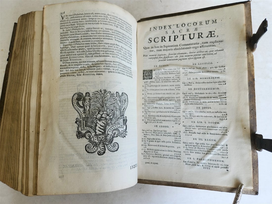 1725 COMMENTARIUS in ECCLESIASTEN PIGSKIN BOUND FOLIO w/ CLASPS antique - 11