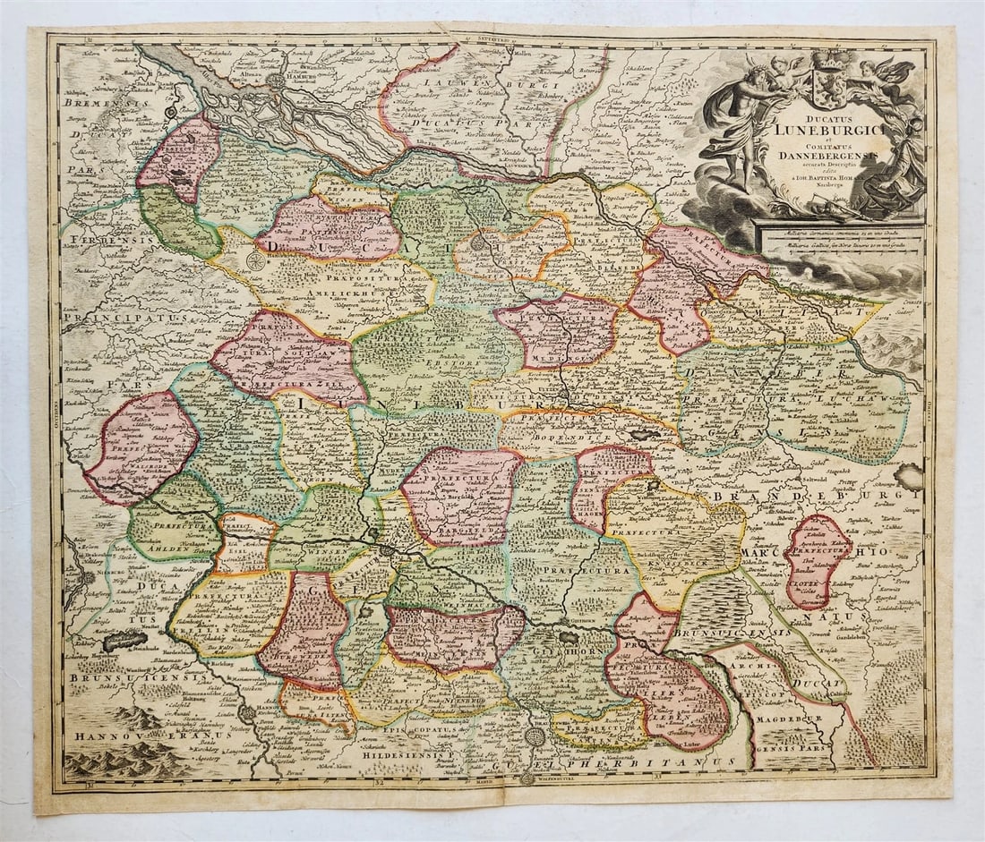 1730s LUNEBURG GERMANY antique MAP by JOHANN HOMANN: Title: 1730s LUNEBURG GERMANY antique MAP by JOHANN HOMANN Description: Johann Baptista Homann Germany, ca. 1664–1724 DUCATUS LUNEBURGICI Nuremberg: Homann; c. 1730 Hand-colored etching on