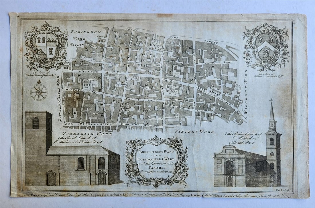 1772 NEW AND ACCURATE SURVEY OF THE PARISHES ANTIQUE engraving LONDON MAP: Title: 1772 NEW AND ACCURATE SURVEY OF THE PARISHES ANTIQUE engraving LONDON MAP Description: Breadstreet Ward and Cordwainers Ward with their Divisions into Parishes According to a new Survey. by MAI