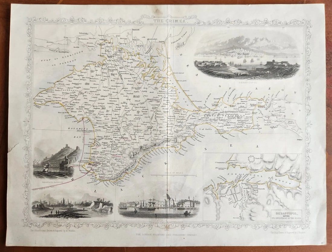 1851 THE CRIMEA RUSSIA UKRAINE antique MAP Sebastopol Eupatoria: Title: 1851 THE CRIMEA RUSSIA UKRAINE antique MAP Sebastopol Eupatoria Description: THE CRIMEA by JOHN RAPKIN Decorative vignettes by H.WINKLES London printing and publishing company ; 1851 size (incl